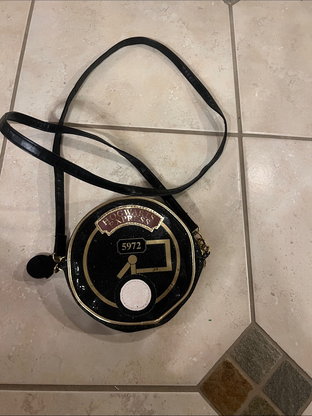 Black Round Crossbody Bag with Gold Accents - Hogwarts Express Motif